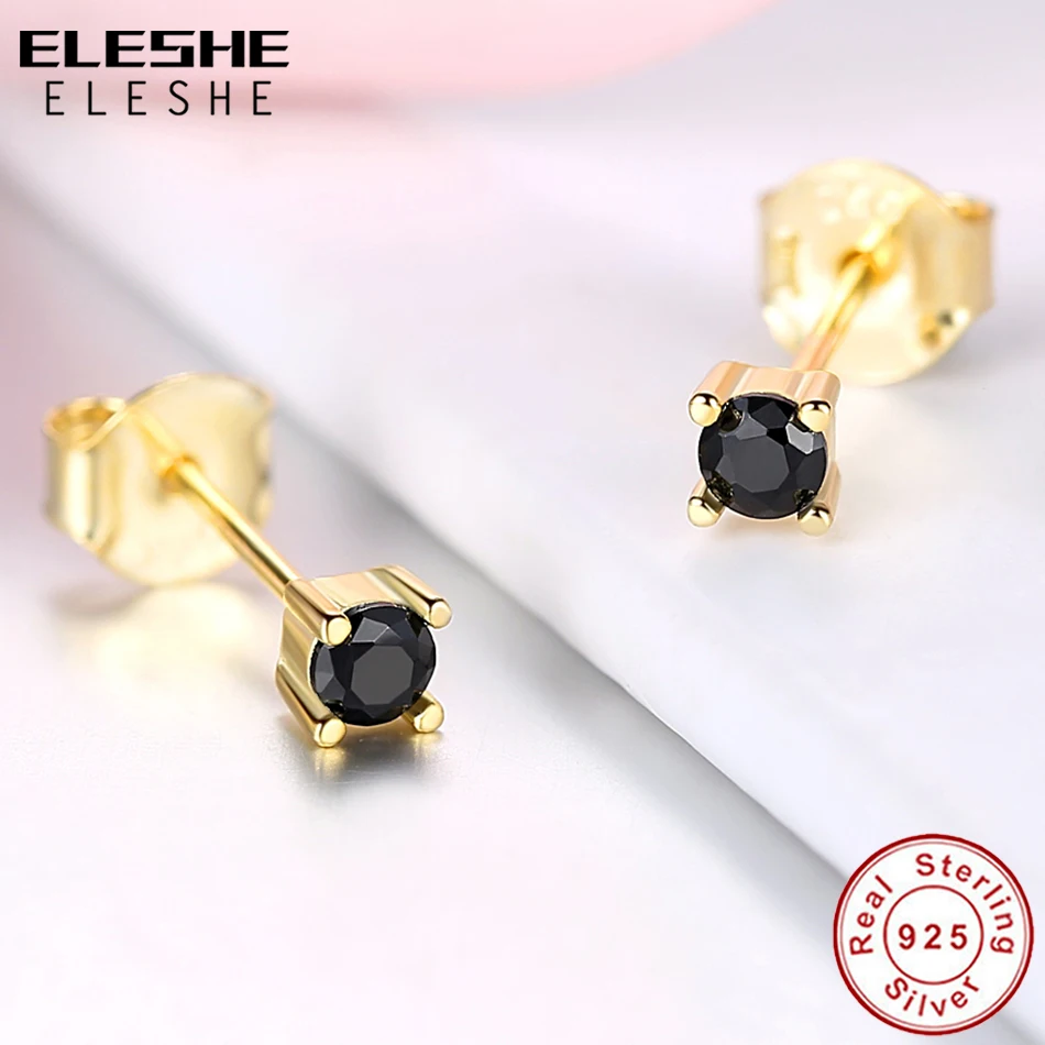 ELESHE, модные, 925 пробы, серебряные серьги, кубический цирконий, круглые, маленькие серьги-гвоздики для женщин, девушек, желтое золото, ювелирное изделие, подарок