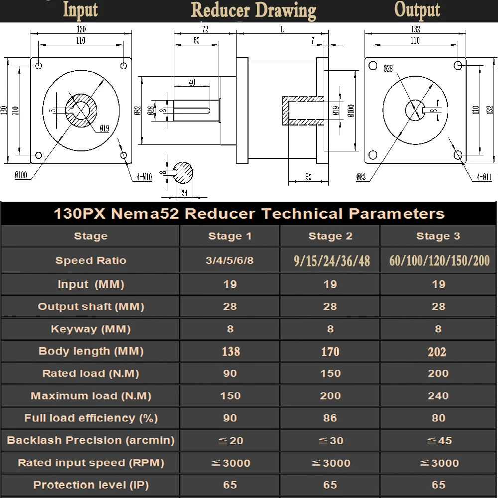 

Редуктор планетарный Nema52, 130 мм, передаточное число 3:1,19 мм, вход 90 нм