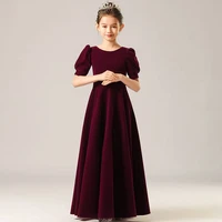 2022 elegant velvet long girl princess dress for kids children pageant ball gown wedding and party costume 10 12 14 years