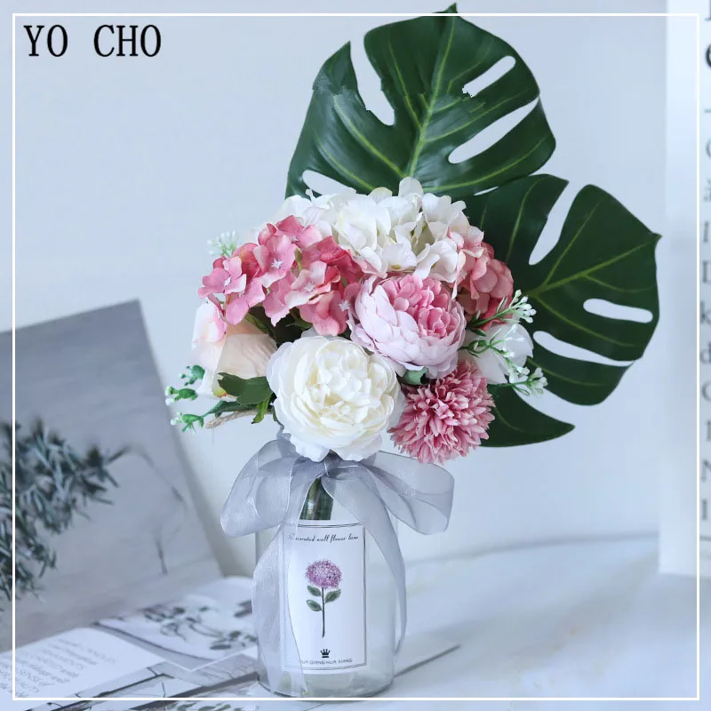 Свадебный букет YO CHO искусственные цветы шелковые розы розовые помпоны гортензии