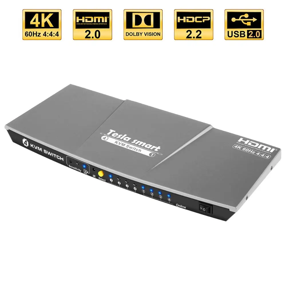 Tesla smart серый высококачественный HDMI 4K@ 60Hz HDMI KVM переключатель 4 порта USB KVM HDMI переключатель поддержка 3840*2160/4K* 2K дополнительный USB2.0 порт