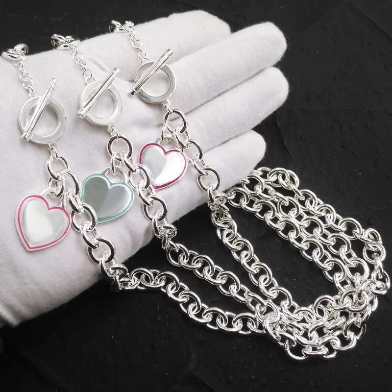 

S925 Sterling Silver Necklace For Women Original1:1 Enamel Heart-shaped Pendant Charm Chains Necklaces Luxury Brand Jewelry Gift