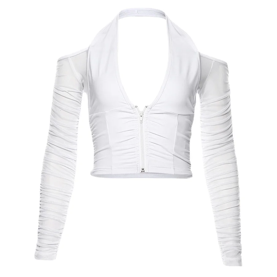 

Elegant Sexy V-neck Mesh Tops Summer Women's See through Off Strapless Sleeve Crop Top 2021 Club Party Tee shirts Mujer