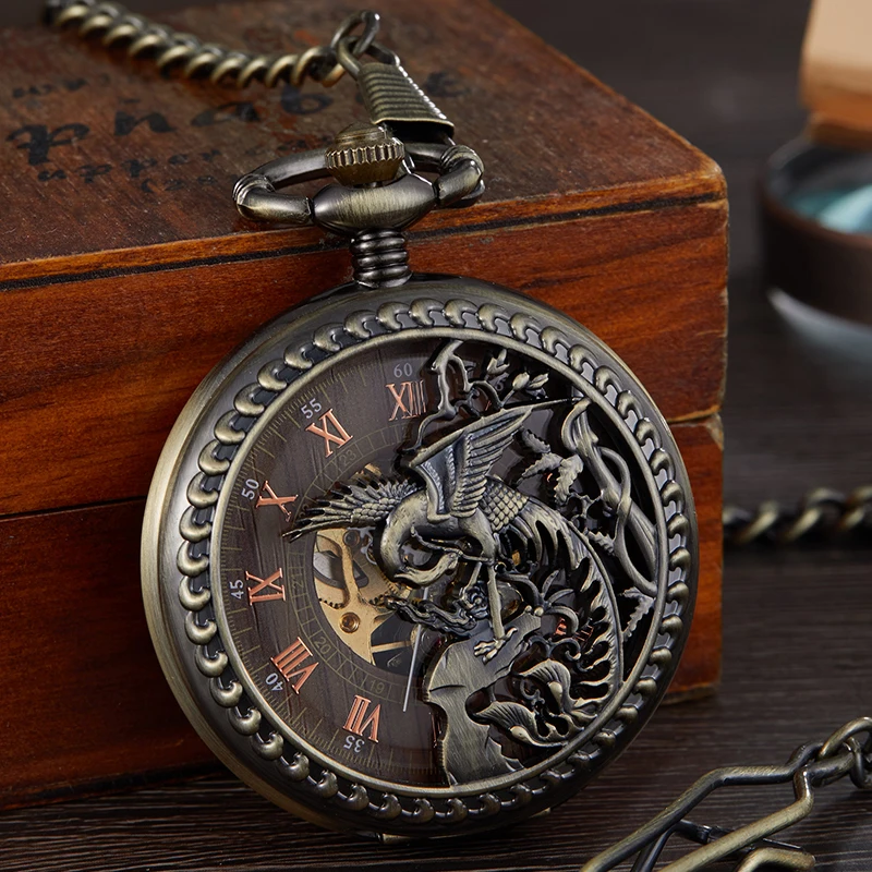 Vintage Bird Mechanical Pocket Watch Skeleton Fine Laser Engraved Case Fob Chain Clock for Men Women Collection Dropshipping