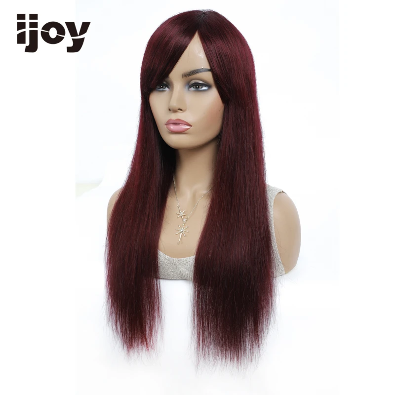 Парик из человеческих волос с челкой прямые цветные волосы 99J бордовые красные