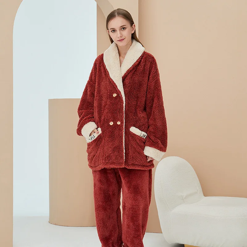 Coral Fleece Pajamas Women's Sleepwear Cardigan Plus Fleece Pajamas for Women Flannel Home Service Warm Sets пижама женская