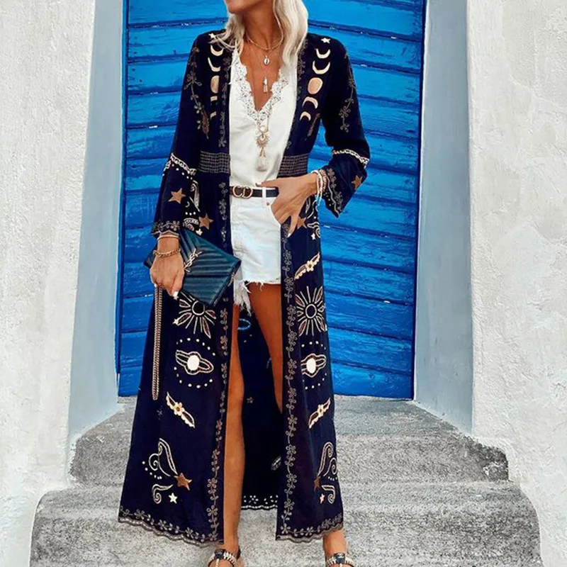 

Women Trench New Bohemian Print Leisure Cardigan Jacket Autumn 2021 Women Fashion Abrigos Mujer Trench Coat for Women Donsignet