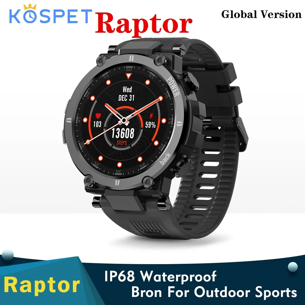 Global Version KOSPET Raptor Rugged Sport Smart Watch 1.3inch color screen Ip68 Waterproof 8Day Baterry Life 64KB RAM 64M ROM
