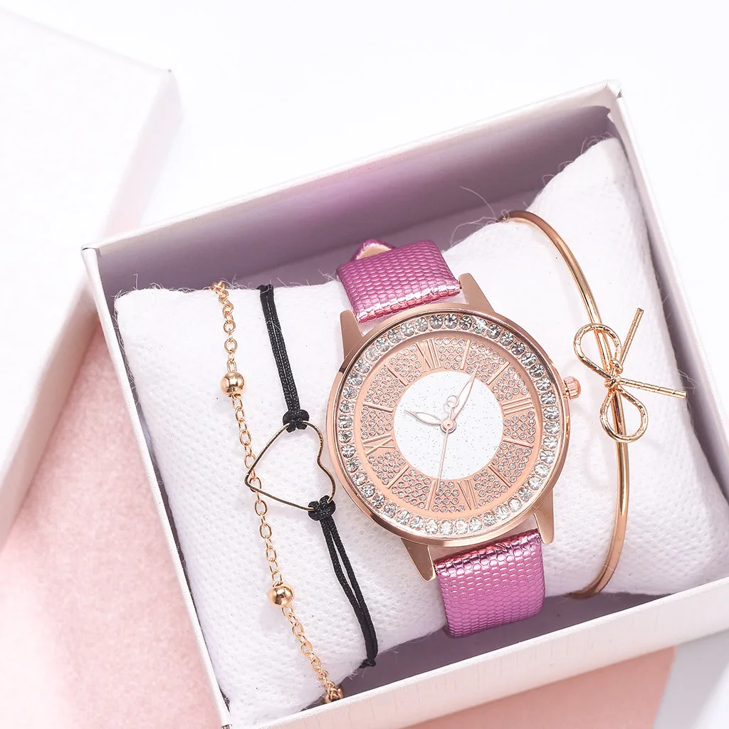 

2021 Fashion Small Delicate European Beauty Simple Casual Bracelet Watch Suit Rhinestone Quartz Luxury Military Leather Clock