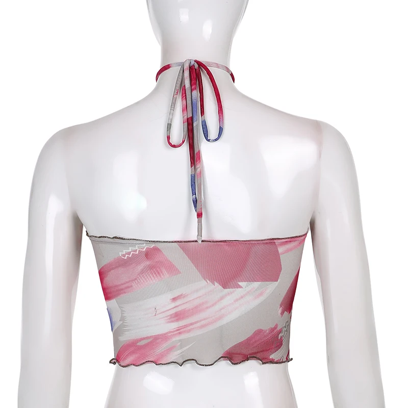 

Tie Dye Printed Y2k Crop Mesh Tank Tops Cross Halter Vest For Women Sexy Backless Fashion 2021Summer Sleeveless Party Female