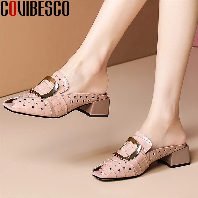 

COVIBESCO Summer Peep Toe Slippers Women Sandals Casual Fashion Metal Decoration Hollow Genuine Leather Thick Heels Shoes Woman