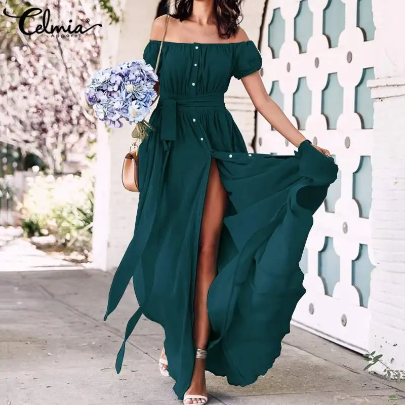 

Sexy Off Shoulder Maxi Long Dress Women Celmia Summer Casual Loose Buttons Ruffle Split Solid Belted Vestidos Traf Maxi Dress