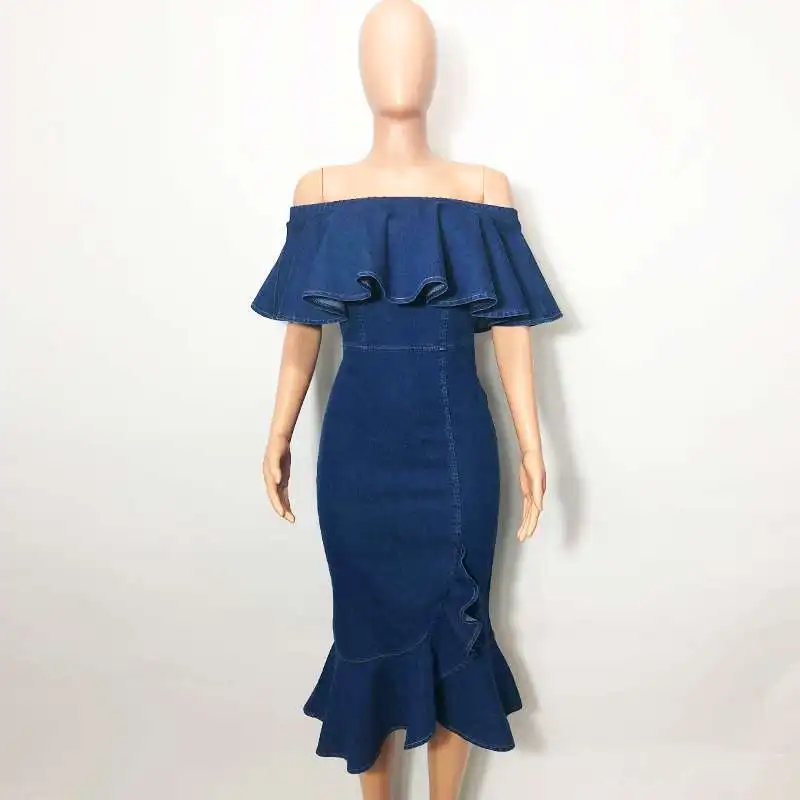 2020 Синее джинсовое платье женское летнее сексуальное ElegantRuffle с открытыми плечами