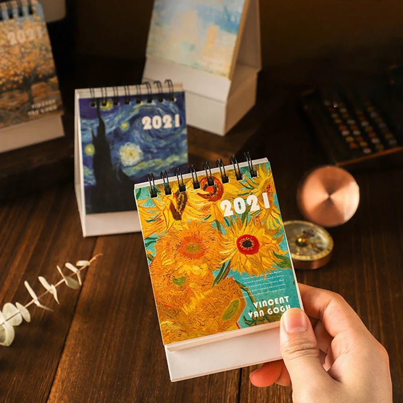 

2021 Mini Desk Calendar Oil Painting Series Mini Desktop Desk Calendar Retro Famou Painting Art Coil Calendar Book Kawaii