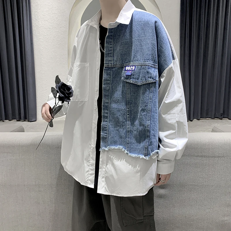 

M-XL!Autumn Hong Kong style literary youth design sense denim stitching casual shirt men's trend loose outer wear small jacket t