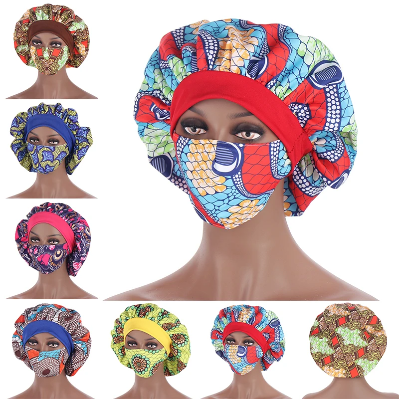 

Fashion Satin Lined Bonnet Women Big Size Beauty Print Satin Silk Bonnet Sleep Night Cap with Mask Head Cover Bonnet Hat