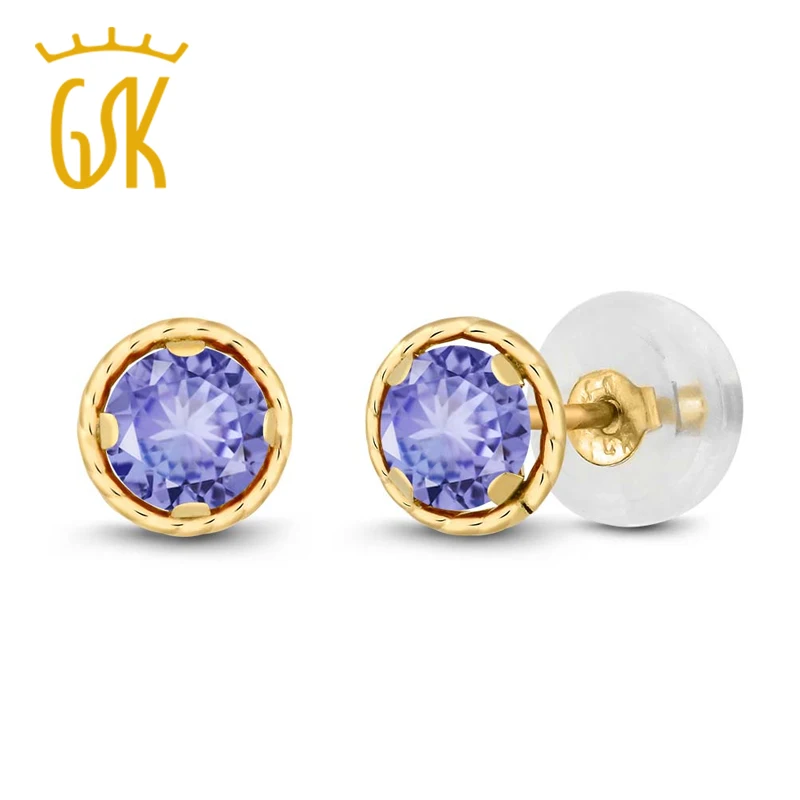 0,60 Ct круглые 4 мм синие серьги с танзанитом для женщин Твердые 14 к желтое золото серьги-гвоздики GemStoneKing