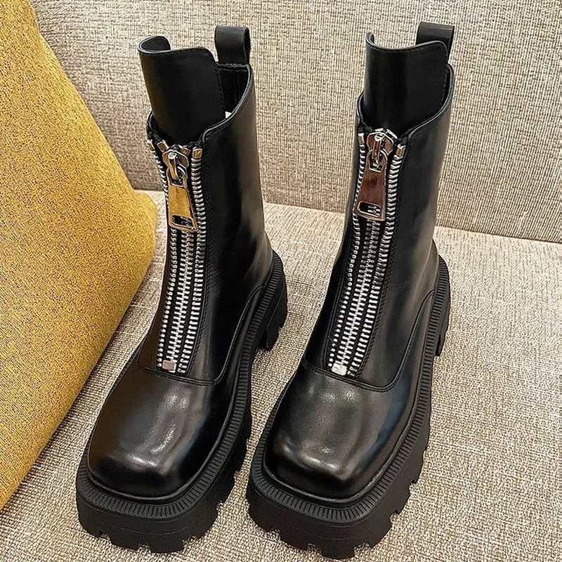 

Women Fashion Ankle Boots Platform Front Zipper Women's Boots 2022 New Gothic Square Root Motorcycle Boots Round Toe Women Boots