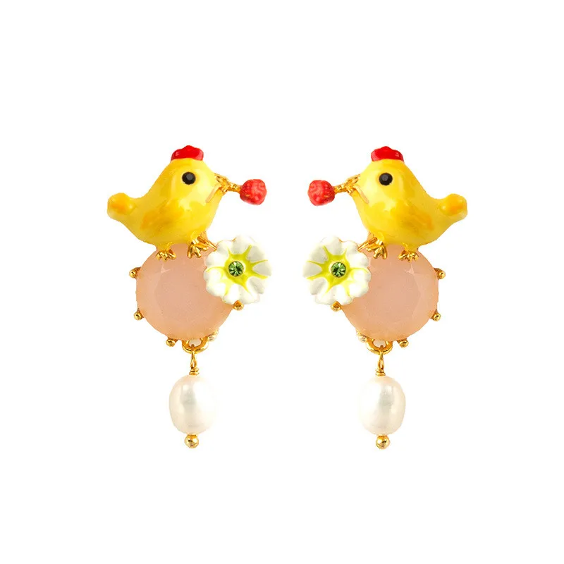 

Enamel glaze cute three-dimensional little yellow chicken flower freshwater pearl earrings female 925 silver earrings