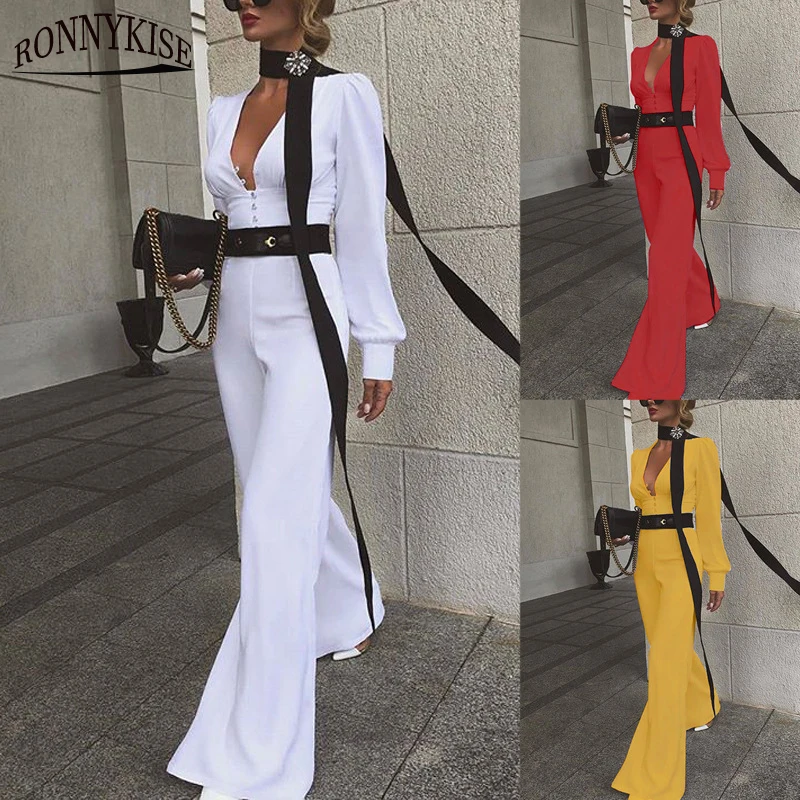 RONNYKISE Высокая Талия темперамент комбинезон Для женщин с длинным рукавом