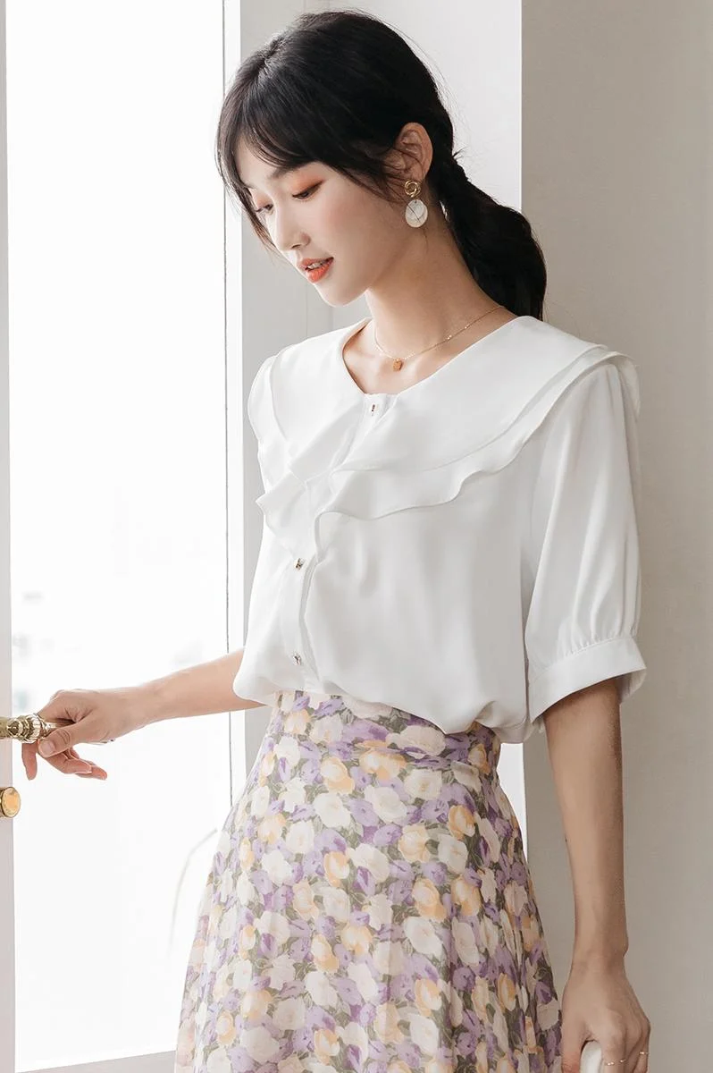 

Summer Women's Blouses Polo Shirts Fashion Top Chiffon Casual Shirt Short Sleeve Blouse Plus Size Button Lady Tops Houthion