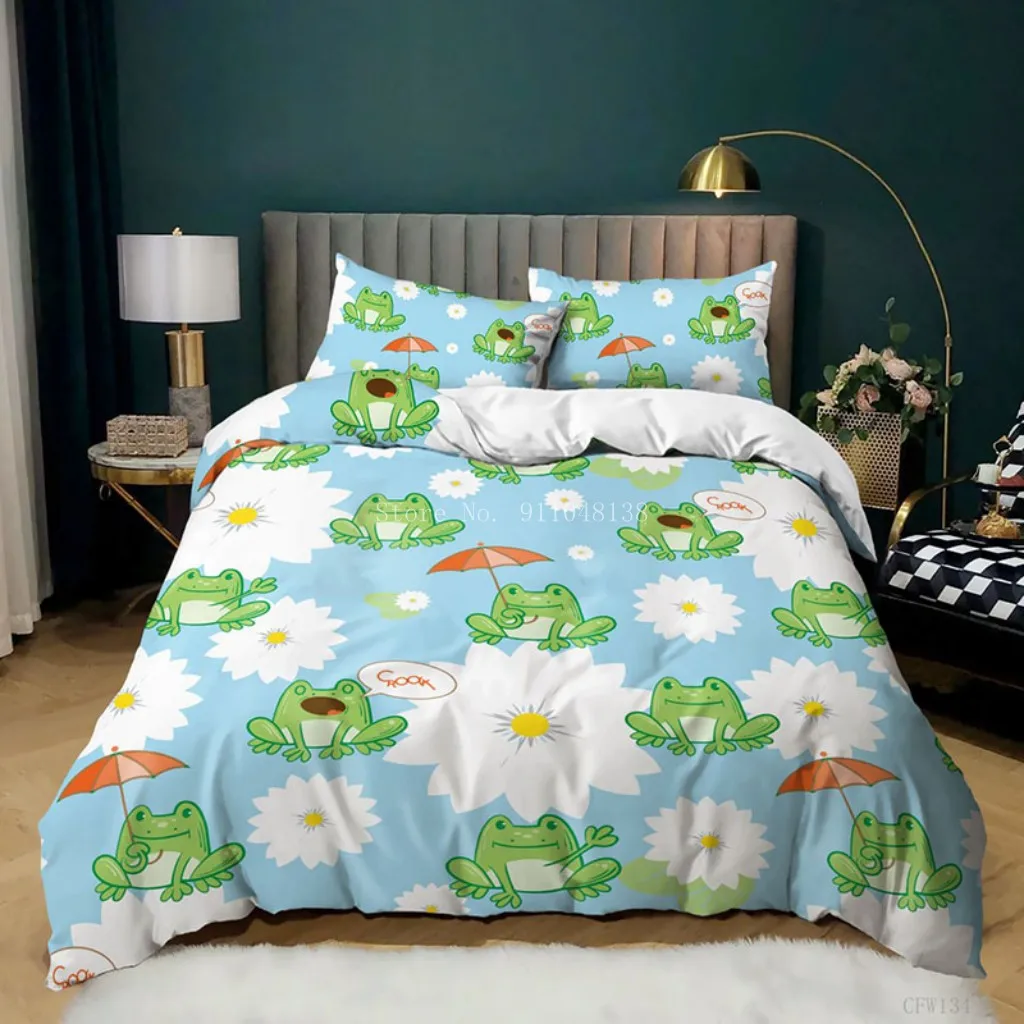 Animal Frogs Duvet Cover Set Queen Soft Lightweight Polyester Microfiber Cartoon Frog Pattern Bedding for Kids Boys Girls | Дом и сад