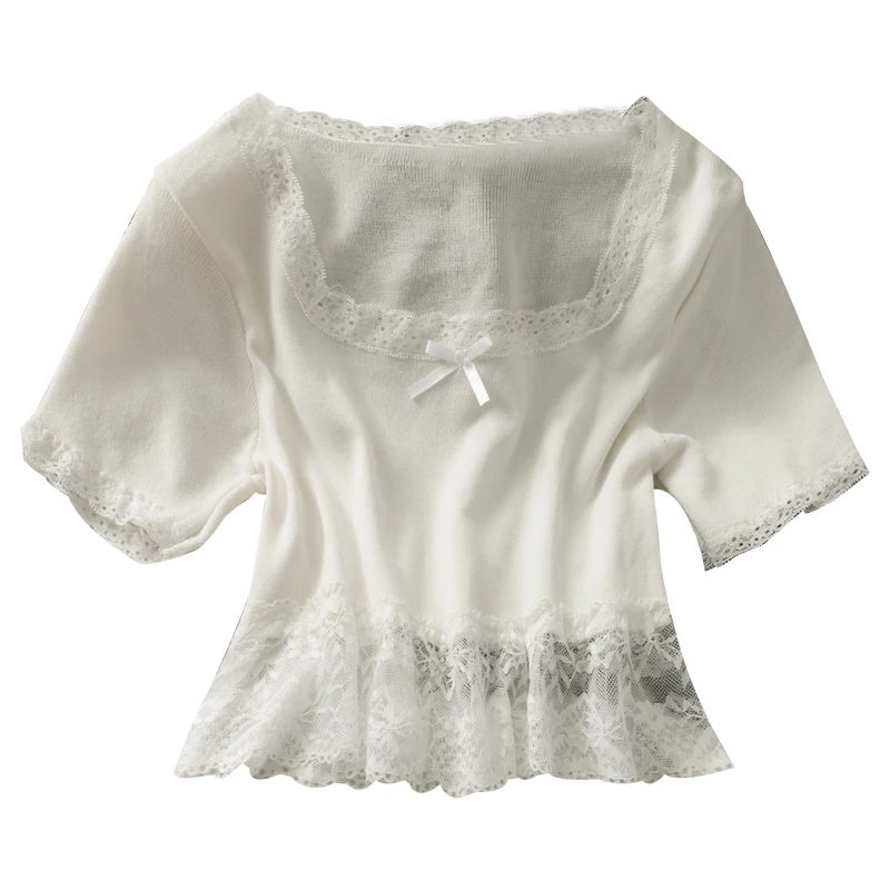 

Women Fashion Slim Bodycon Lace Mesh Patchwork Knitted Blouse Lady Sweet Casual Outdoor Top Girls Elegant Daily Basic Shirt