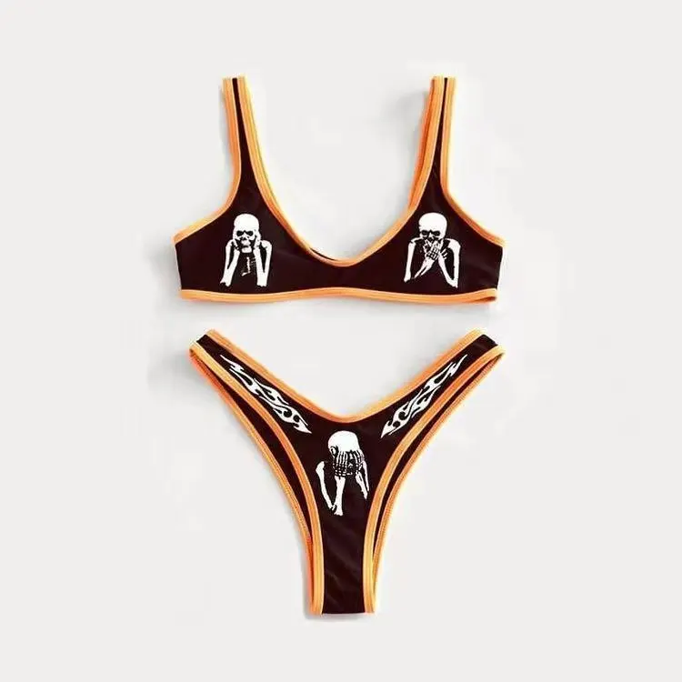 

Women Letters Print 2Pcs Bikini SuitsDeep V-neck Detachable Breast Pad Sling Tops with Triangle Bottoms Funny Swimsuits 2021