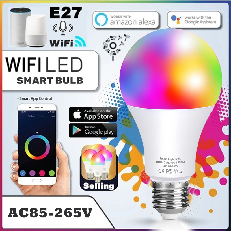 Умная светодиодсветильник лампа RGB B22 E27 с управлением через приложение и