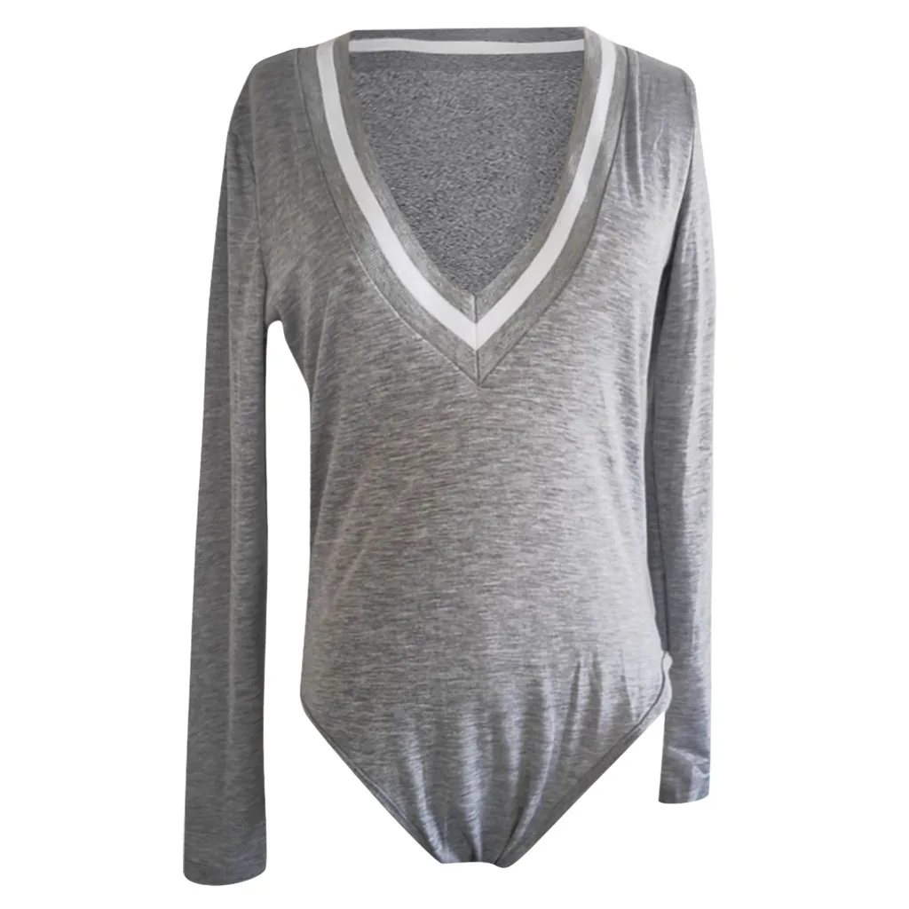 Женское боди в полоску с V-образным вырезом эластичное трико длинным рукавом