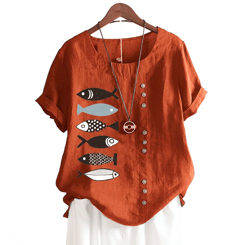 

Casual Cotton and Linen Women Tops and Blouses 2020 Summer New Fish Printed Round Neck Short Sleeve 5XL Plus Size Shirt Women