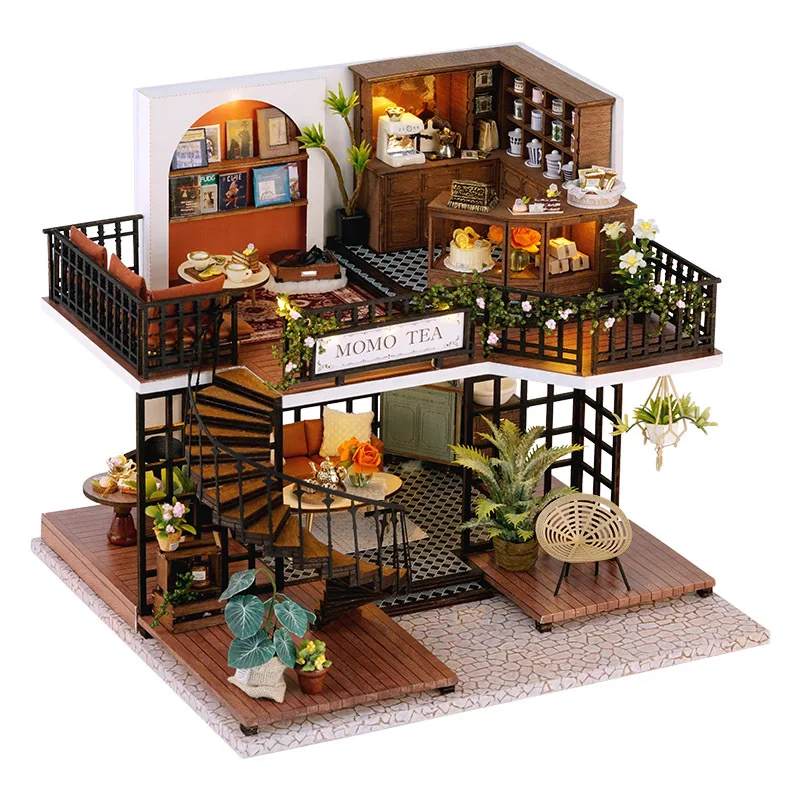 

Wooden Doll House Kit Miniature with Furniture Lights Forest Tea Coffee Store Casa DIY Villa Dollhouse Toys Adults Xmas Gifts