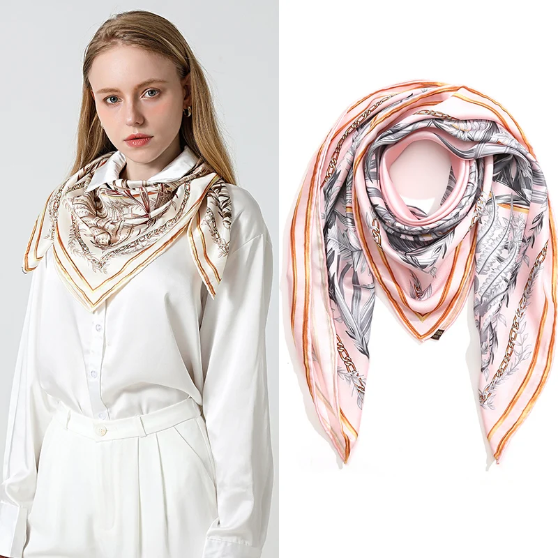 

Square Twill Silk Scarf Women Lady Hair Band Shawl Leaf Printing Neck Wrap Foulard Fashion Hijab Female Headbands 2022 Summer