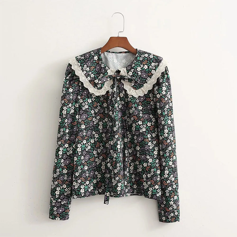 

Willshela Women Fashion Floral Printed Shirt Lapel Collar with Lace Trim Long Sleeves Round Neck Casual Vintage Woman Blouse Top