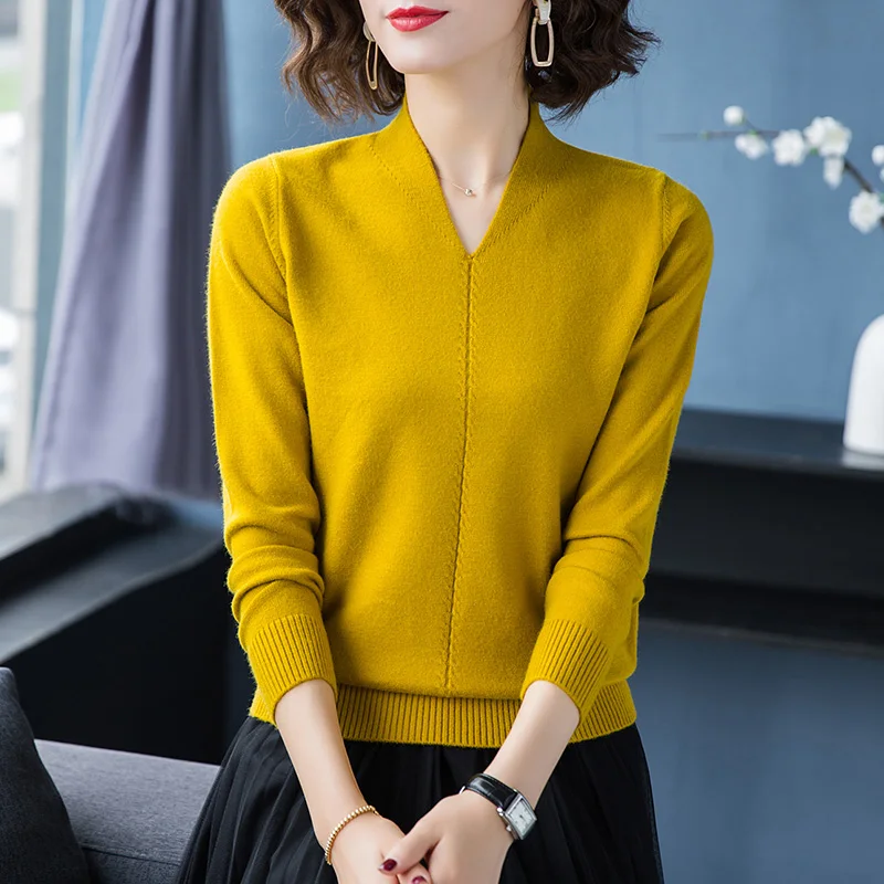 

Женский свитер на весну/осень, Новый Модный повседневный однотонный облегающий эластичный хлопковый пуловер с длинным рукавом и V-образным ...