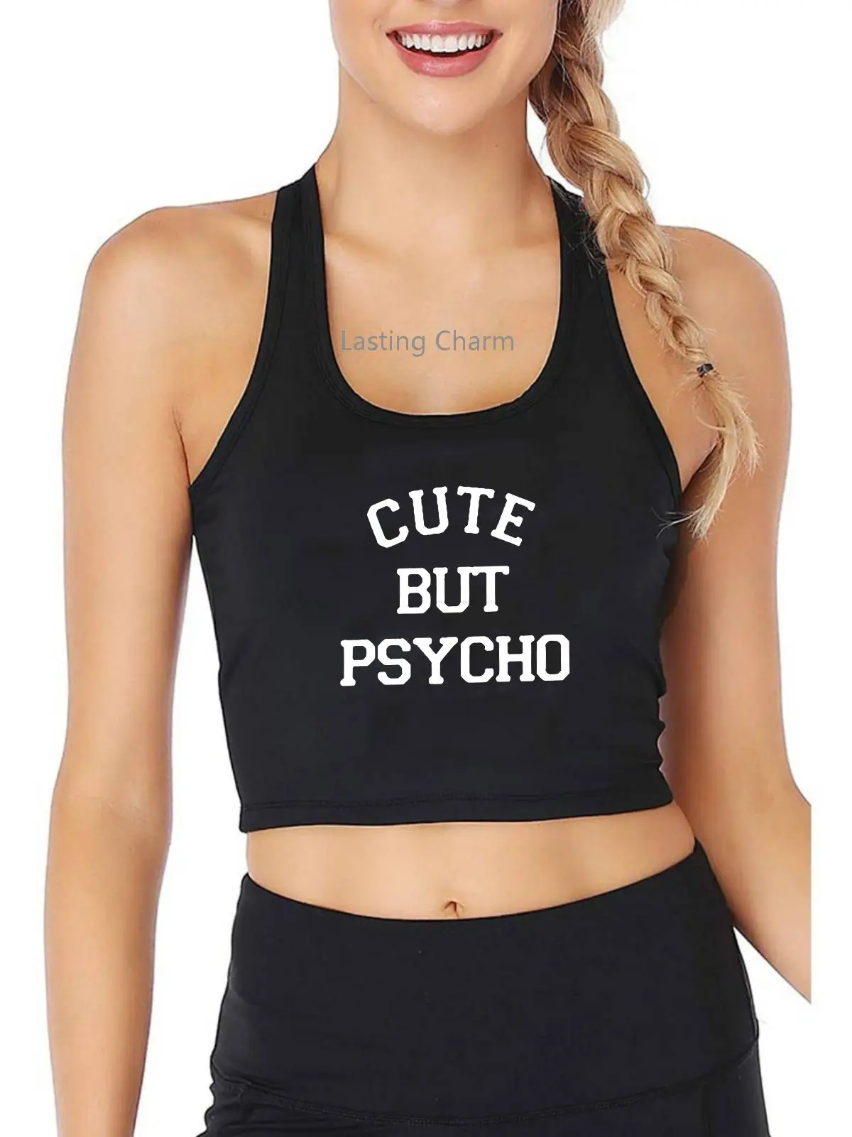 

Cute But Psycho Print Tank Top Adult Humor Fun Harajuku Print Yoga Sports Workout Crop Top Gym Tops
