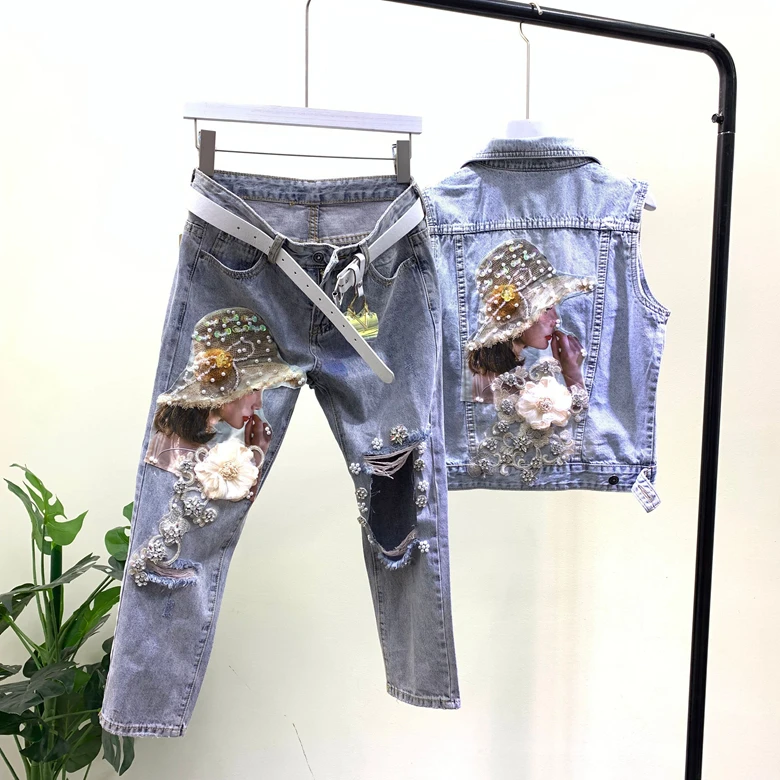 

Ninth Denim Trousers 2020 Fashionable Ripped Jeans Women Beautiful Beading Flowers Embroideried Broken Holes Denim Jeans
