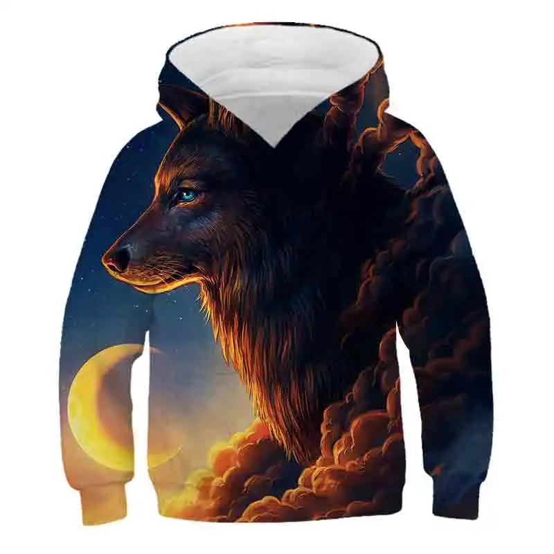 

4T-14T Years Teens Hoodies For Boys Or Girls 3D Wolfs Printed Long Sleeve Round Collar Sweatshirt Big Kids Hot Sale Pullover