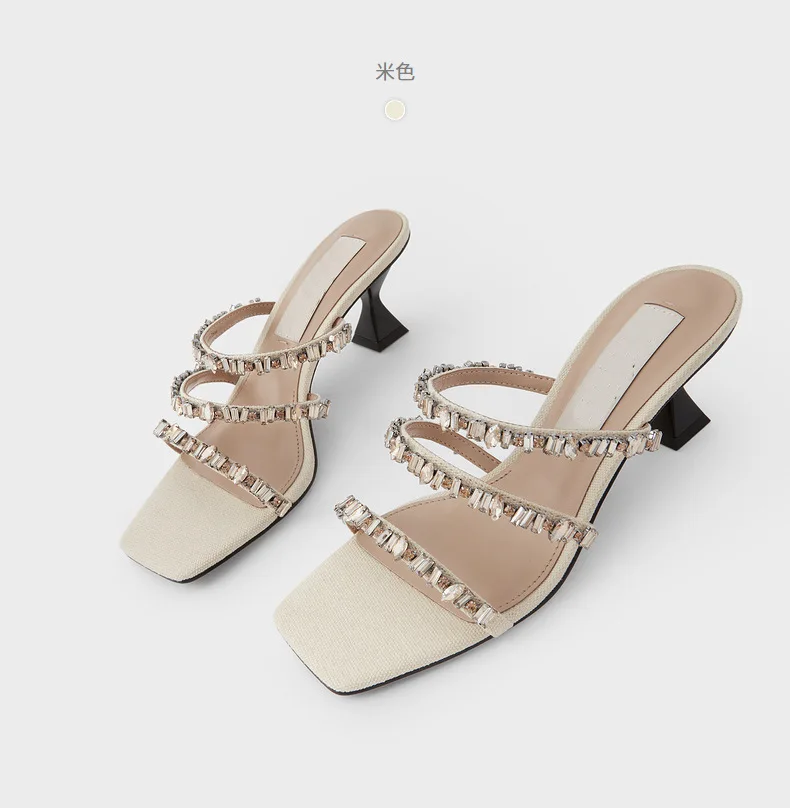 

2021 Summer New Semi-precious Crystal Belt Female Sandals Fairy Wind Peep-toe High-heeled Slippers Slides