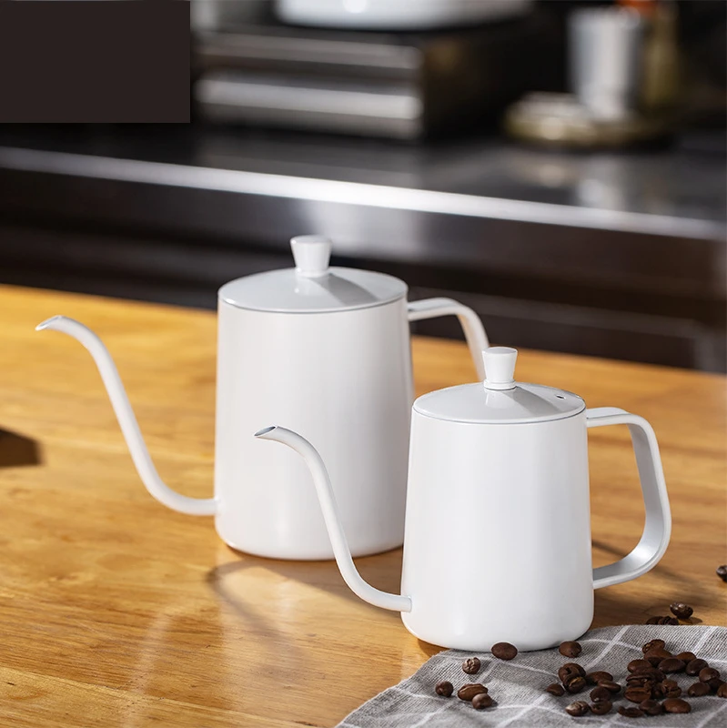 

White coffee hand brew pot 304 stainless steel hanging ear Teflon long spout fine mouth hand brew pot with lid