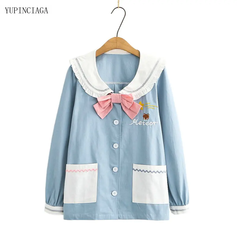 Korean Cute Peter Pan Collar Shirt Womens Blouses 2021 Spring Summer Bow Navy Style Long Sleeve Sweet Tops 2114115