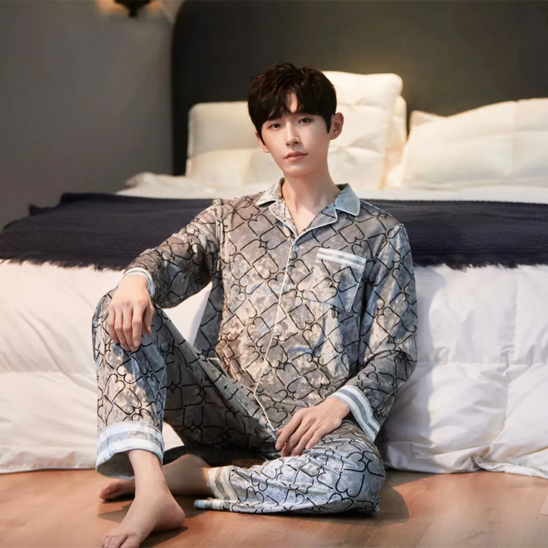 A hot two-piece, long-sleeved men's homewear pyjamas in golden velvet monoprint AUTUMN/Winter 2021