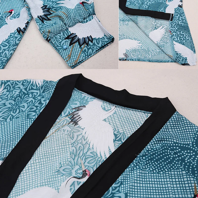 

2021 summer Lake Blue Crane pattern waist sunscreen Chinese side split long kimono women's cardigan bikini beach blouse