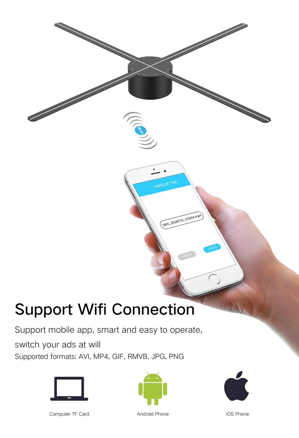 ZIoT HD Z3D60/70 60/68cm Wifi 3D Holographic Projector Hologram Player LED Display Fan Advertising Light