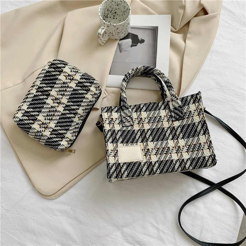 

Leisure Women Woolen Cloth Composite Bags Female Soft Zipper Shoulder Bags Small Plaid Printing Crossbody Shopping Bags