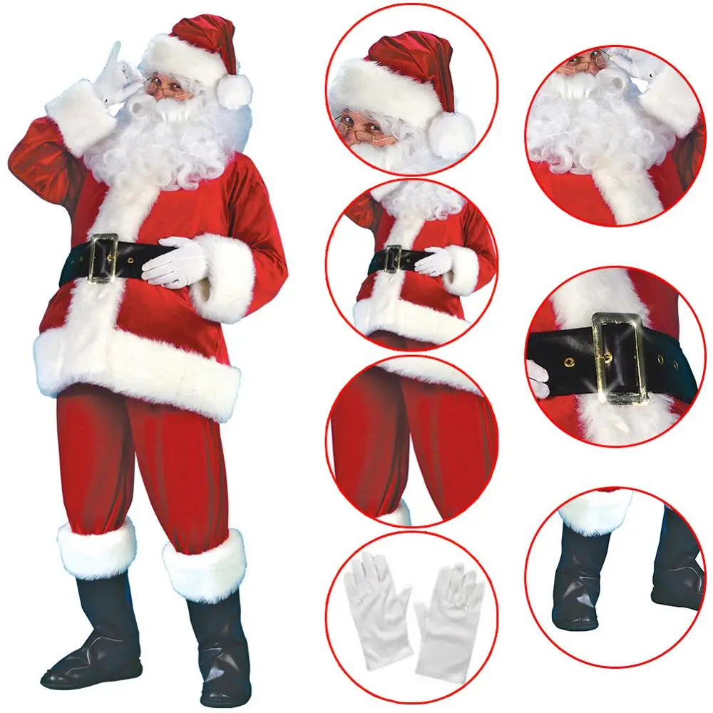 

Adult Santa Claus Costume Suit Plush Father Fancy Thanks Xmas Cosplay Props Men Coat Pants Beard Belt Hat Christmas 7Pcs Set