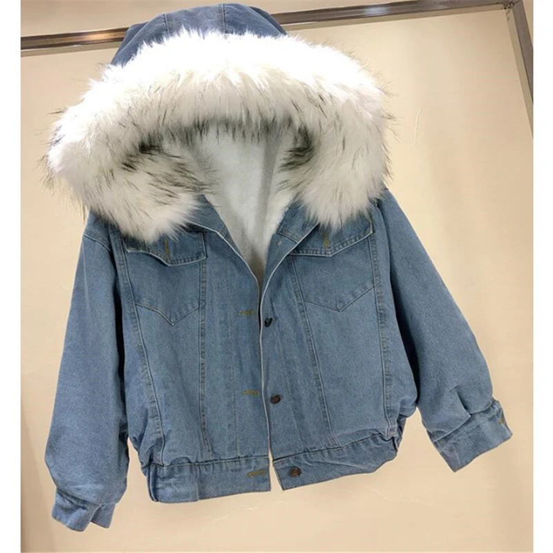 

Short Denim Cotton-Padded Jacket Women's 2020 Winter Fashion New Fur Collar Hooded Thickened Plus Velvet Warm Coat Trend 332