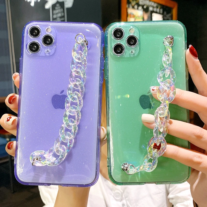 

Soft Glitter Phone Case For iPhone 11 12 Pro Max XS X XR 7 8 Plus Mini SE 2020 Transparent Bracelet Bumper Cover