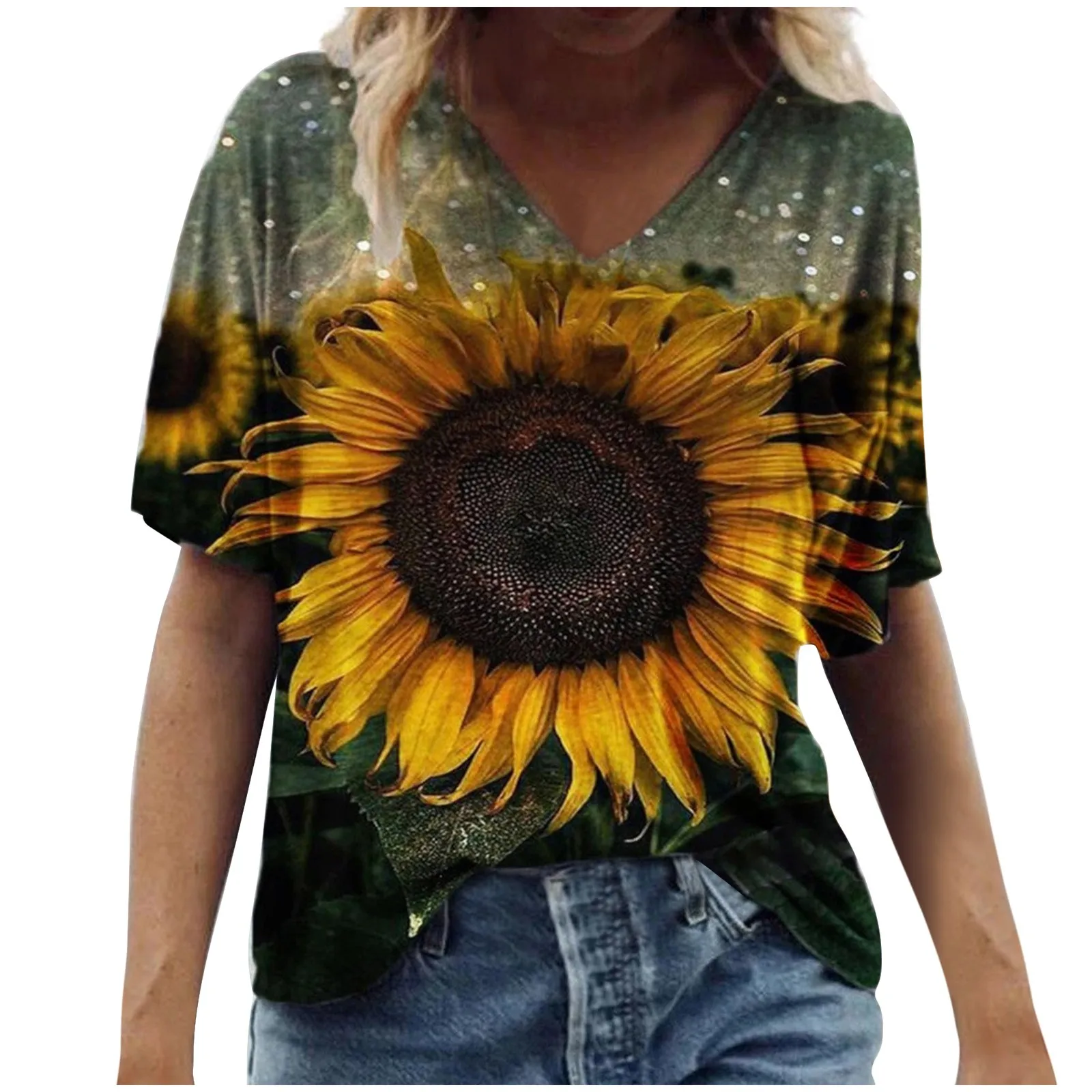 

Plus Size Women T-shirt Tie Dye Floral Print V-neck Short Sleeve Tshirt Streetwear Casual Fashion European Female Tees Tops 3XL