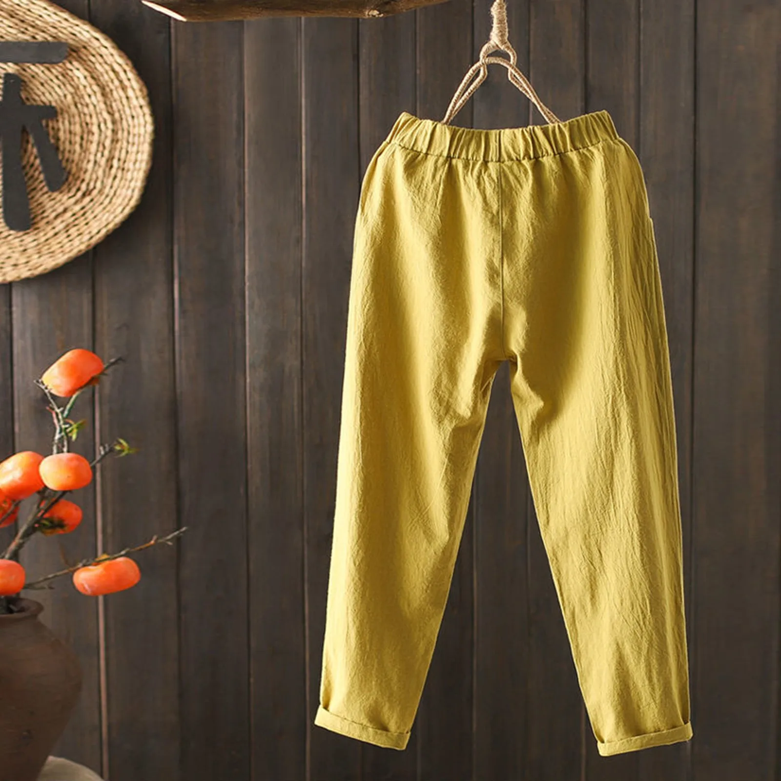 

New Womens Breathable Cotton Linen Pants Pocket Elastic Waist Loose Trousers Pant Daily High Quality Comfy Pants Pantalon 2021